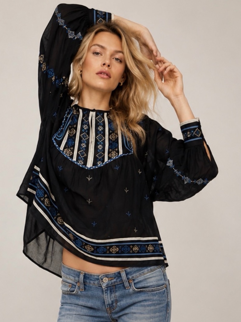 Zara Embroidered Black Boho Peasant Blouse